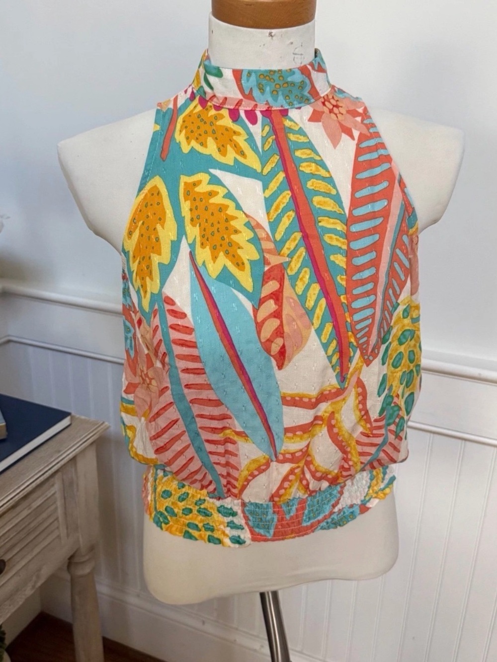 Christian Siriano Womens Tropical Floral Mock Neck Smocked Blouse Top XS
